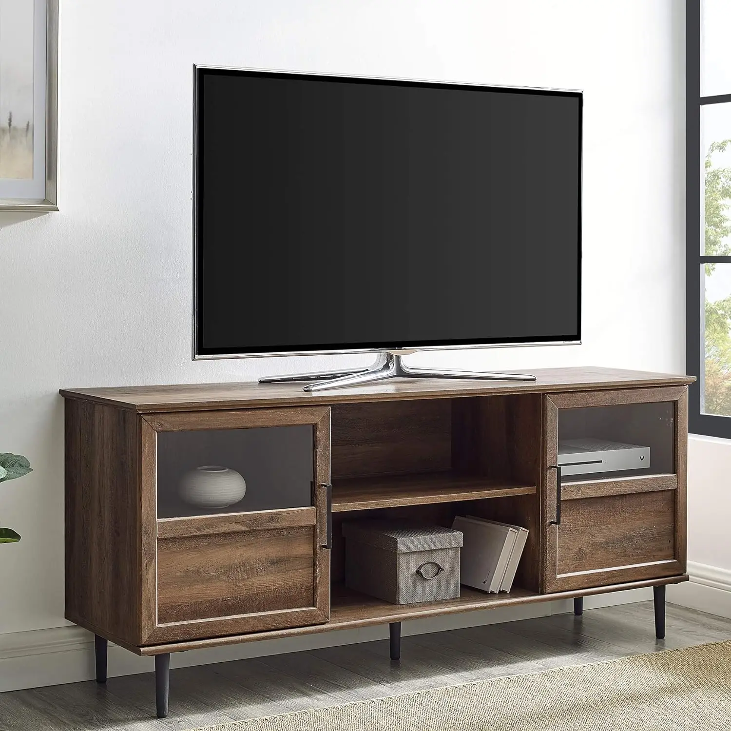 

Walker Edison Modern Farmhouse Wood and Glass TV Stand with 2 Cabinet Doors for TV's up to 65" Flat Screen Universal TV