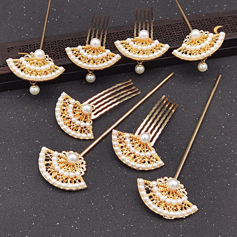 

2pcs/pair Chinese Style Handmade Alloy Hairpins Women Vintage Pearl Hair Comb Jewelry Headpiece Vintage Hanfu Hair Accessories