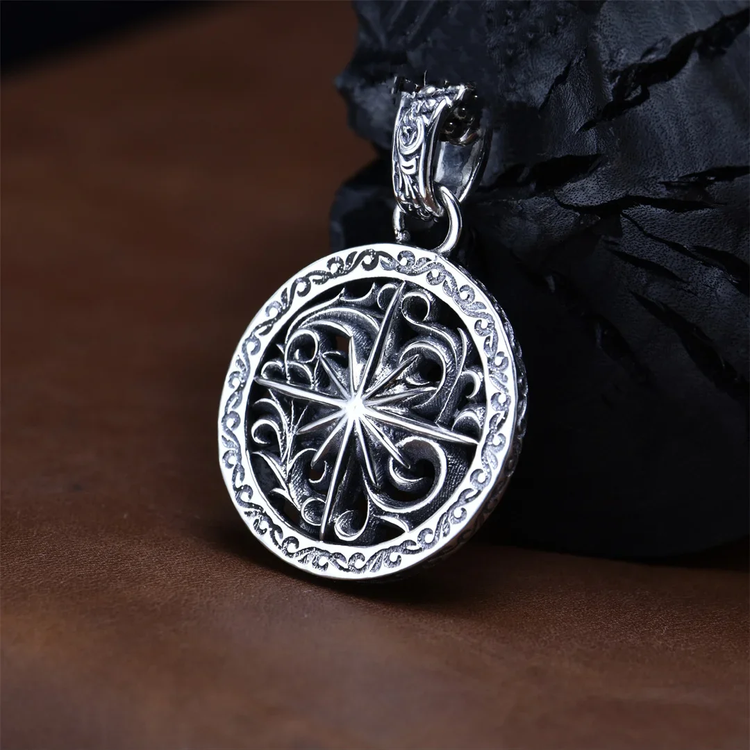 

S925 Sterling Silver Tangcao Compass Navigation Pendant for Men's Handsome European and American Personality Retro Ethnic Style