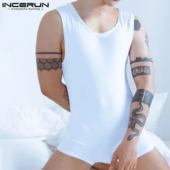INCERUN 남성 잠옷 롬퍼 단색 스키니 O-넥 민소매 점프수트, 아늑한 섹시한 패션, 남성 바디수트 홈웨어 S-5XL, 2023