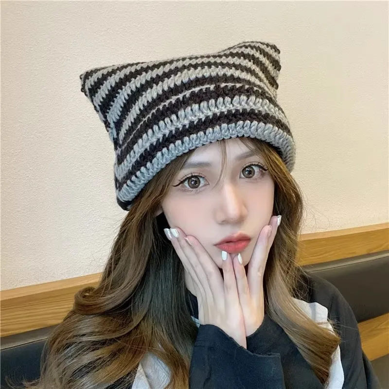 

Women Cat Ears Hats Soft Slouchy Striped Knitted Hat Trendy Winter Warm Crochet Braided Knitted Winter Hats Unisex Gentleman Hat