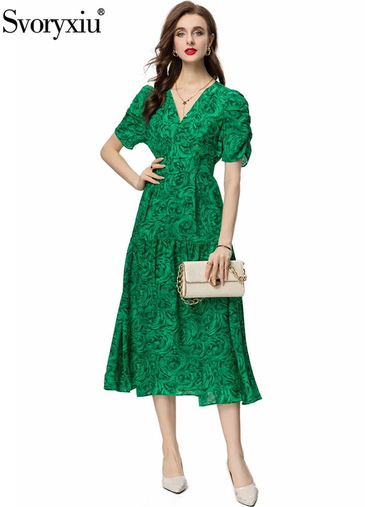 

Svoryxiu Fashion Runway Summer Party Green Print Midi Dress Women's V-Neck Lantern Sleeve High Waist A-Line Ruched Hem Dress