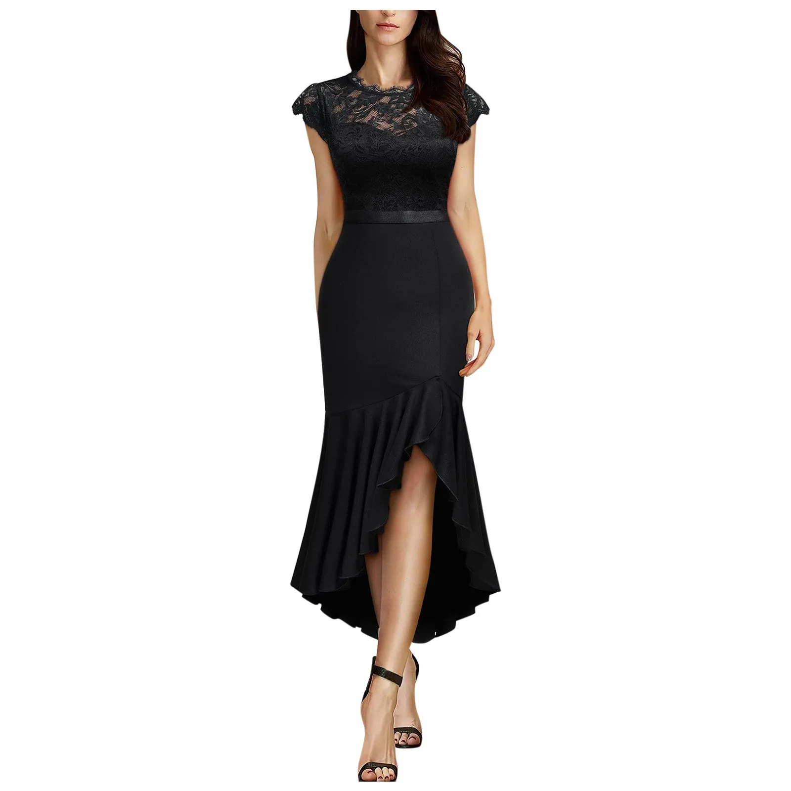 

Элегантное кружевное вечернее платье для женщин, однотонные асимметричные платья миди без рукавов с оборками и разрезом на подоле
