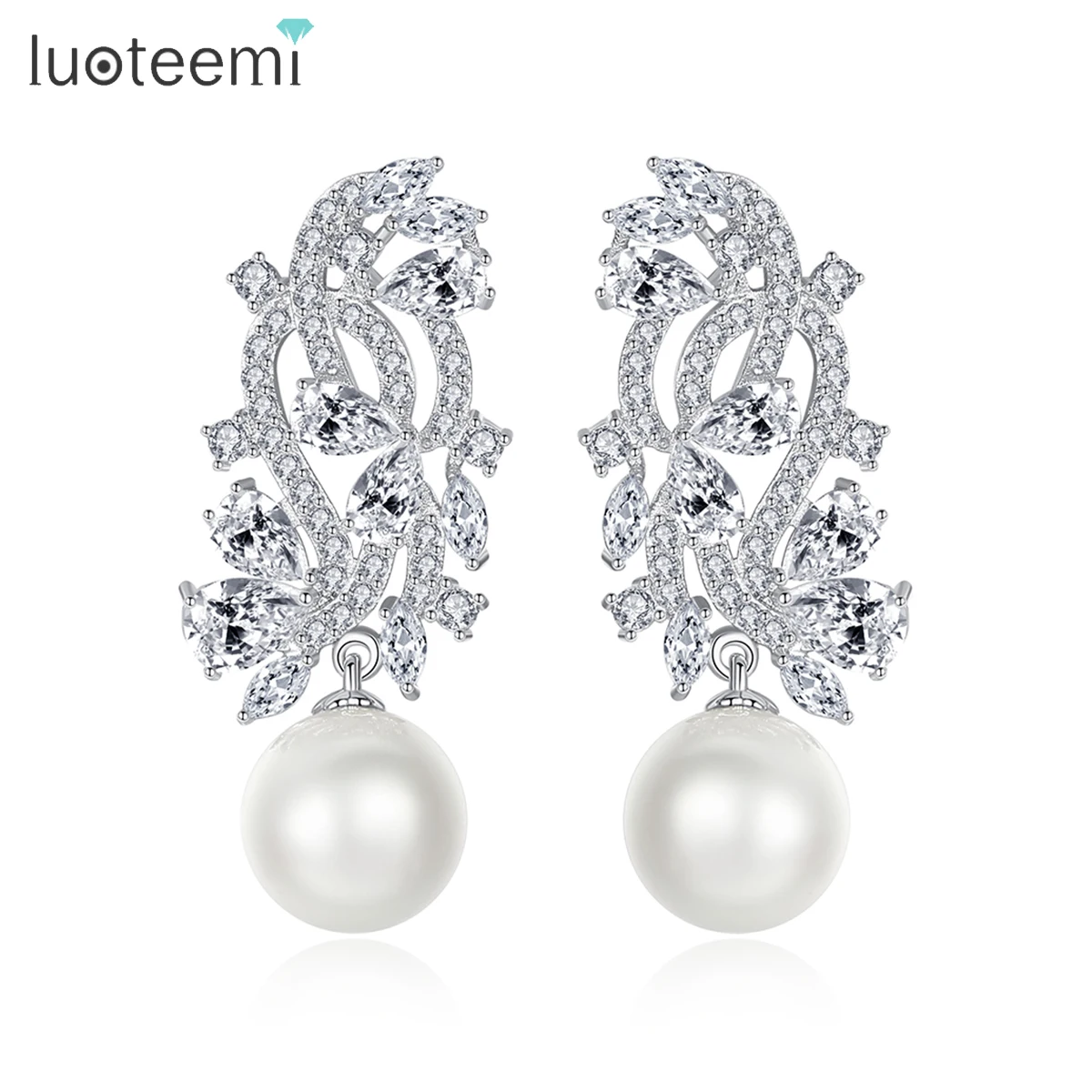 

LUOTEEMI Luxury Unique Chic Big White Simulated Pearl Drop Earrings for Women Vintage CZ Wedding Bridal Jewelry Girl Party Gifts