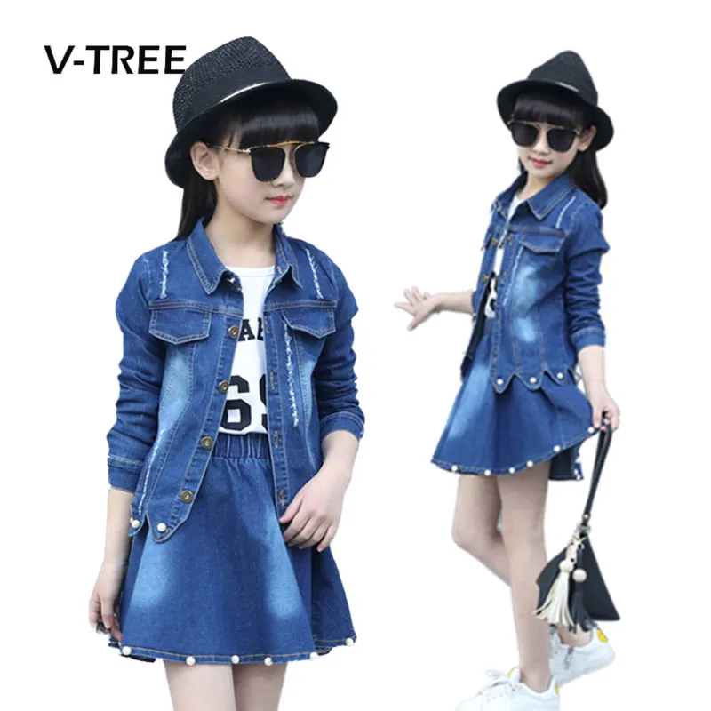

V-TREE Girls Clothing Sets Denim Jacket And Skirts Suit Sets For Girl Teenage Clothes School Kids Childrens Baby Clothes 12 10T
