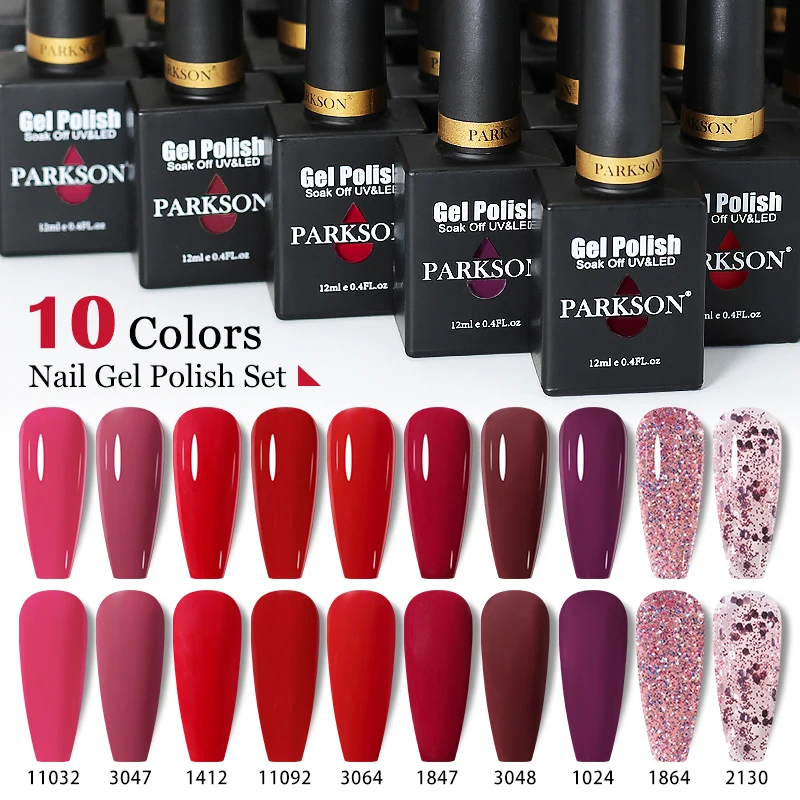 

Parkson 12ml 10pcs/set Gel Nail Polish Set Soak Off Red Colors Gel Polishes LED UV Semi Permanent Lacquer For Nails Art Manicure