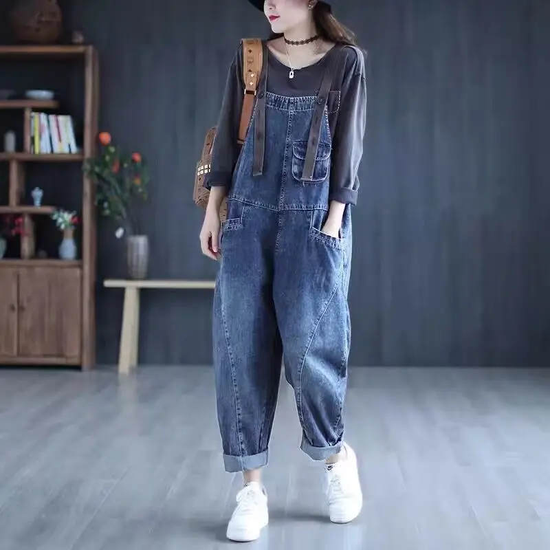 

Vintage Casual Streetwear Big Pocket Loose Jeans Harem Pants Overalls Jumpsuit Women's Korean Style Baggy Denim Rompers Trousers
