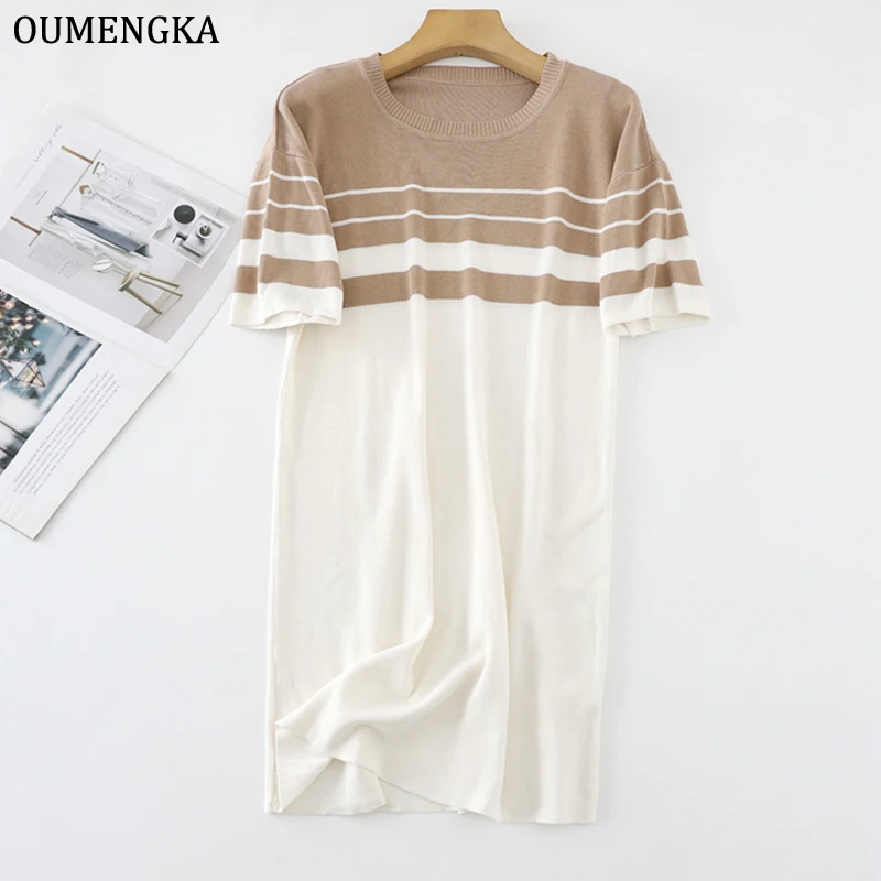 

Платье-футболка OUMENGKA женское трикотажное с коротким рукавом, базовый Модный мягкий свитер с полосками кофе, одежда на лето