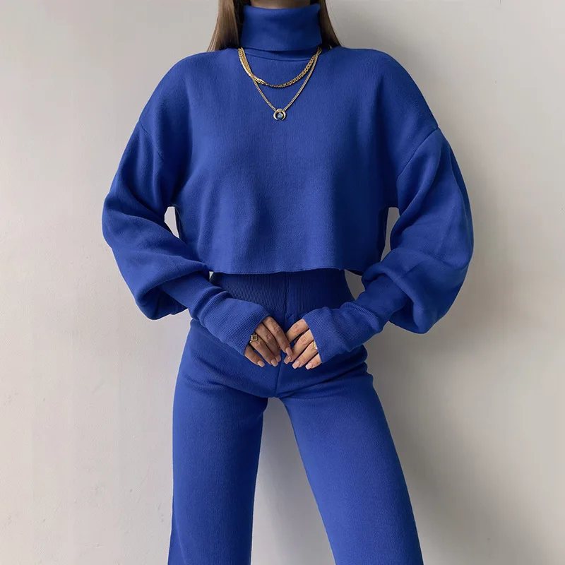 

Autumn Winter Solid Ribbed Knitted Set Women Casual Turtleneck Pullover Pants Homewear Suit Retro Two Piece Outfits with Glove