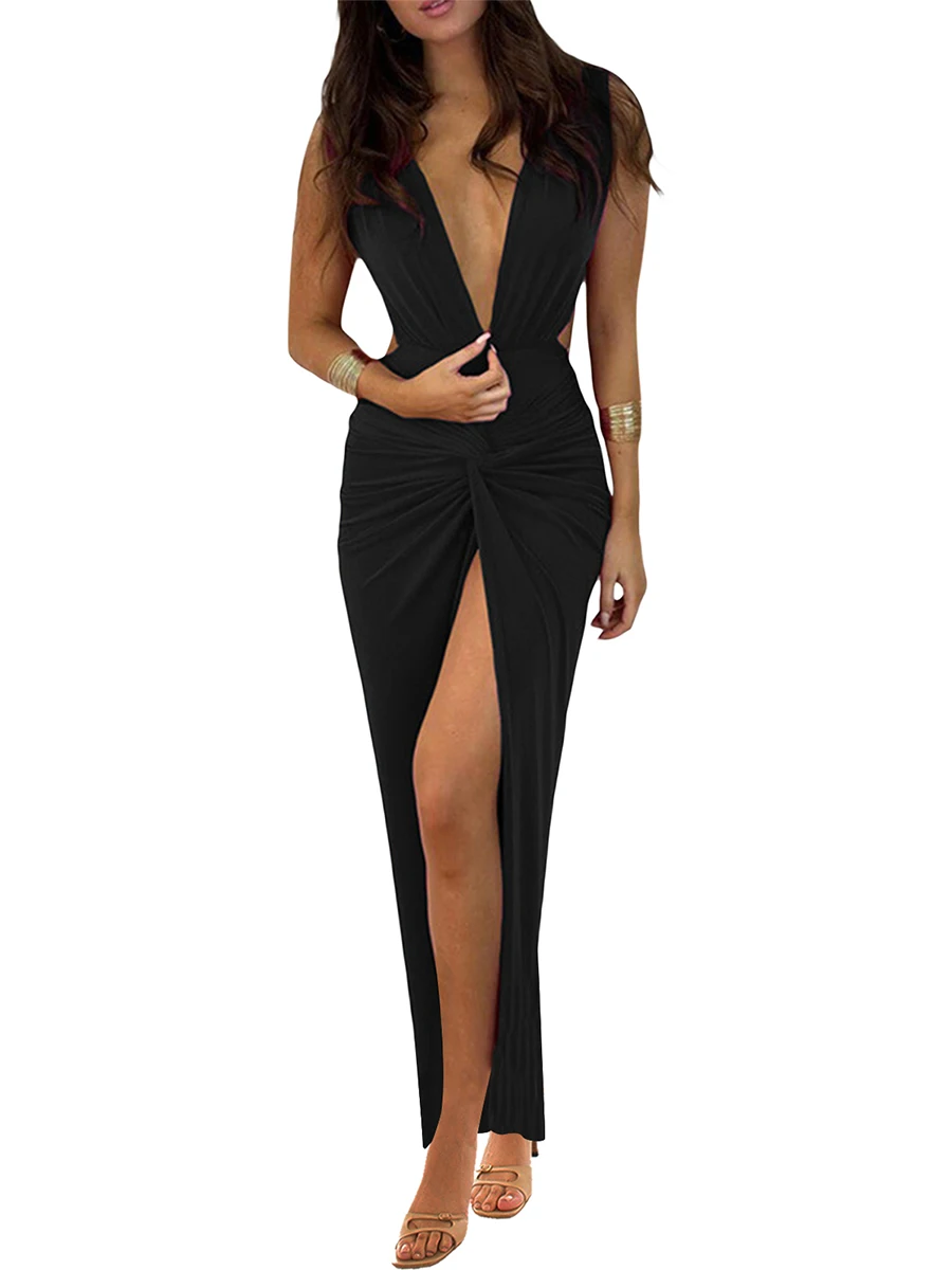 

Women Long Bodycon Dress Solid Color Deep V-Neck Sleeveless High Slit Cocktail Dress Summer Party Club Backless Dress