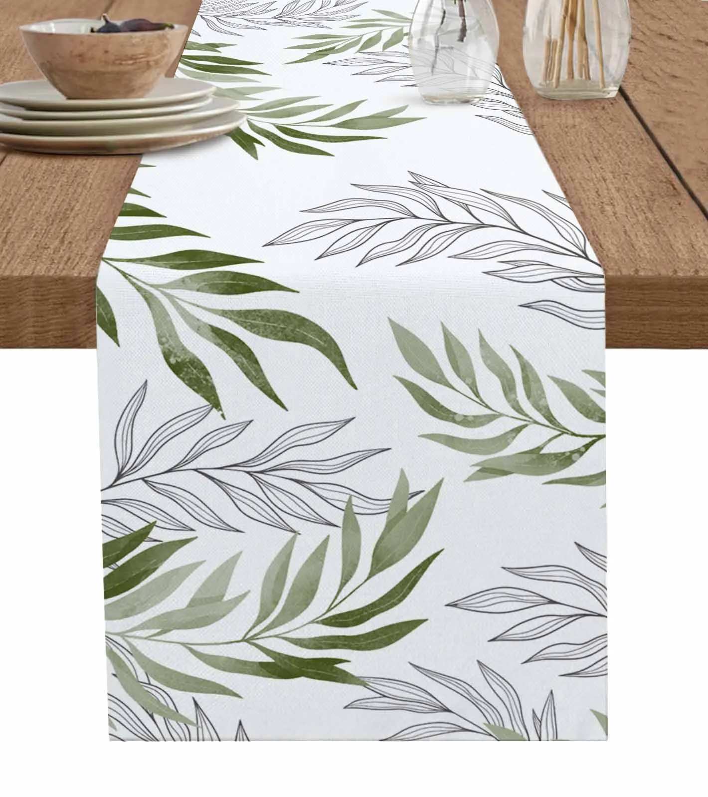 

Willow Leaf Lines Sage Green Table Runner Cotton Linen Wedding Decor Tablecloth Festival Kitchen Decor Table Runner