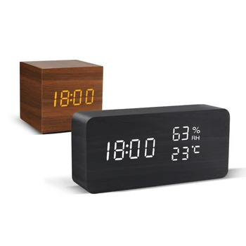 Alarm Clock LED Wooden Watch Table Voice Control Digital Wood Despertador USB AAA Powered Electronic Desktop