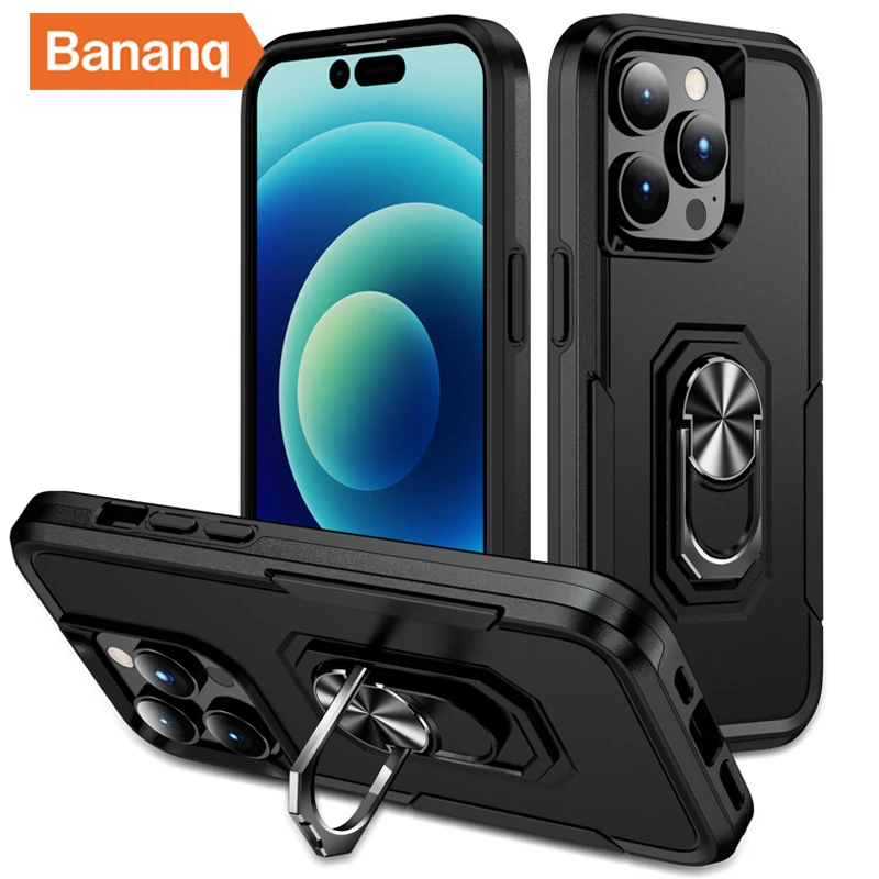 

Bananq Metal Ring Stand Phone Case For iPhone 15 14 13 Mini 12 11 Pro Max 8 7 6 Plus X XS XR SE2 SE3 Shockproof Holder Cover