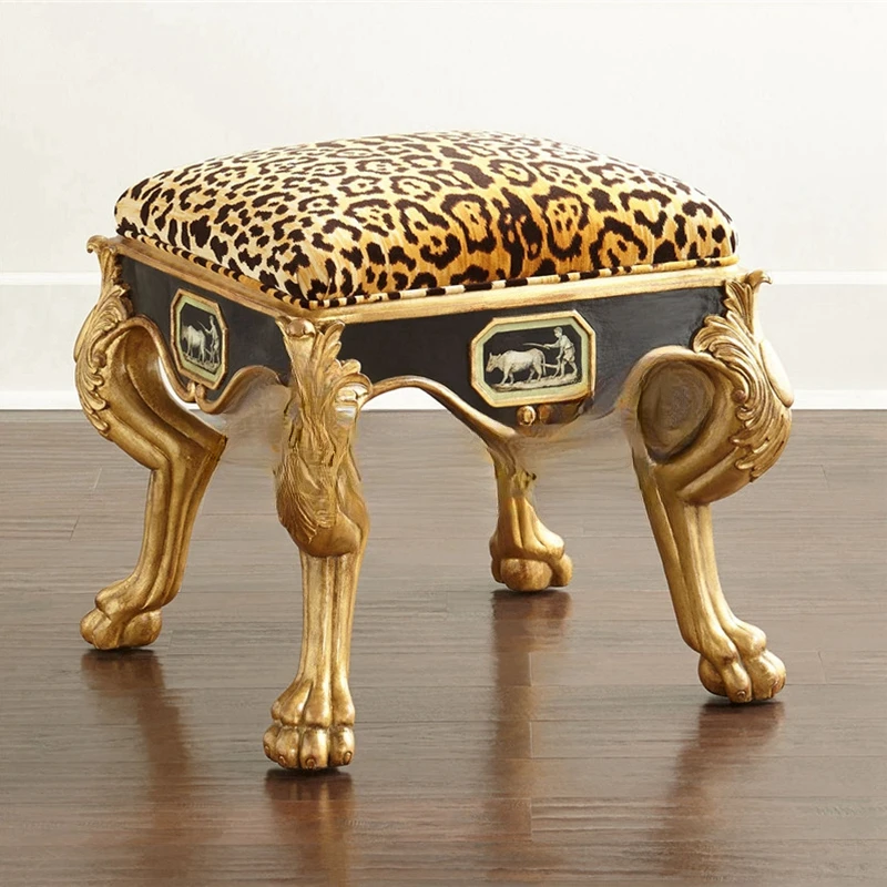 

High-end art, neo-classical solid wood carving, shoe changing stool, European American, rural luxury, retro ottoman, dressing