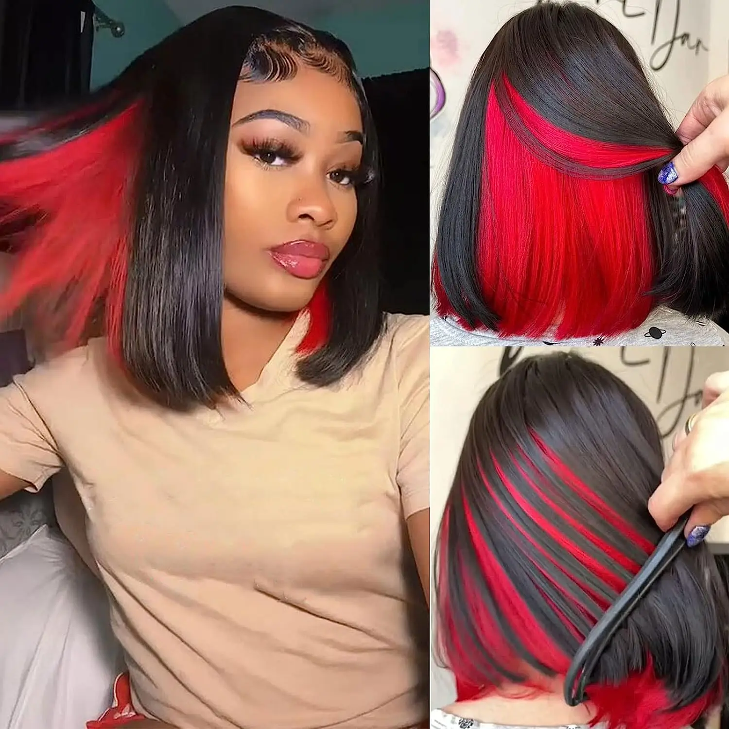 

Bob Wigs for Women Red Peekaboo Wig Synthetic Hair Straight Bob Wig Shoulder Length Black with Red Highlights Wig Blunt Cut Bob