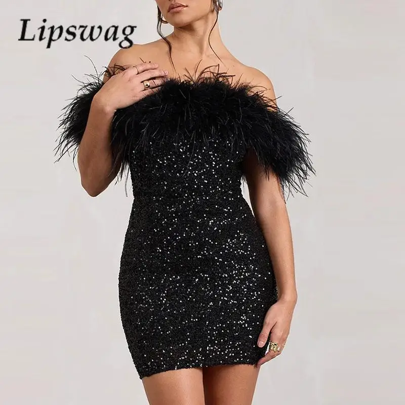 Sexy Off-Shoulder Solid Color Sequin Dress Elegant Stitching Plush Backless Slim Party Dress Fashion Women Mini Nightclub Dress
Sexy Off-Shoulder Solid Color Sequin Dress Elegant Stitching Plush Backless Slim Party Dress Fashion Women Mini Nightclub Dress