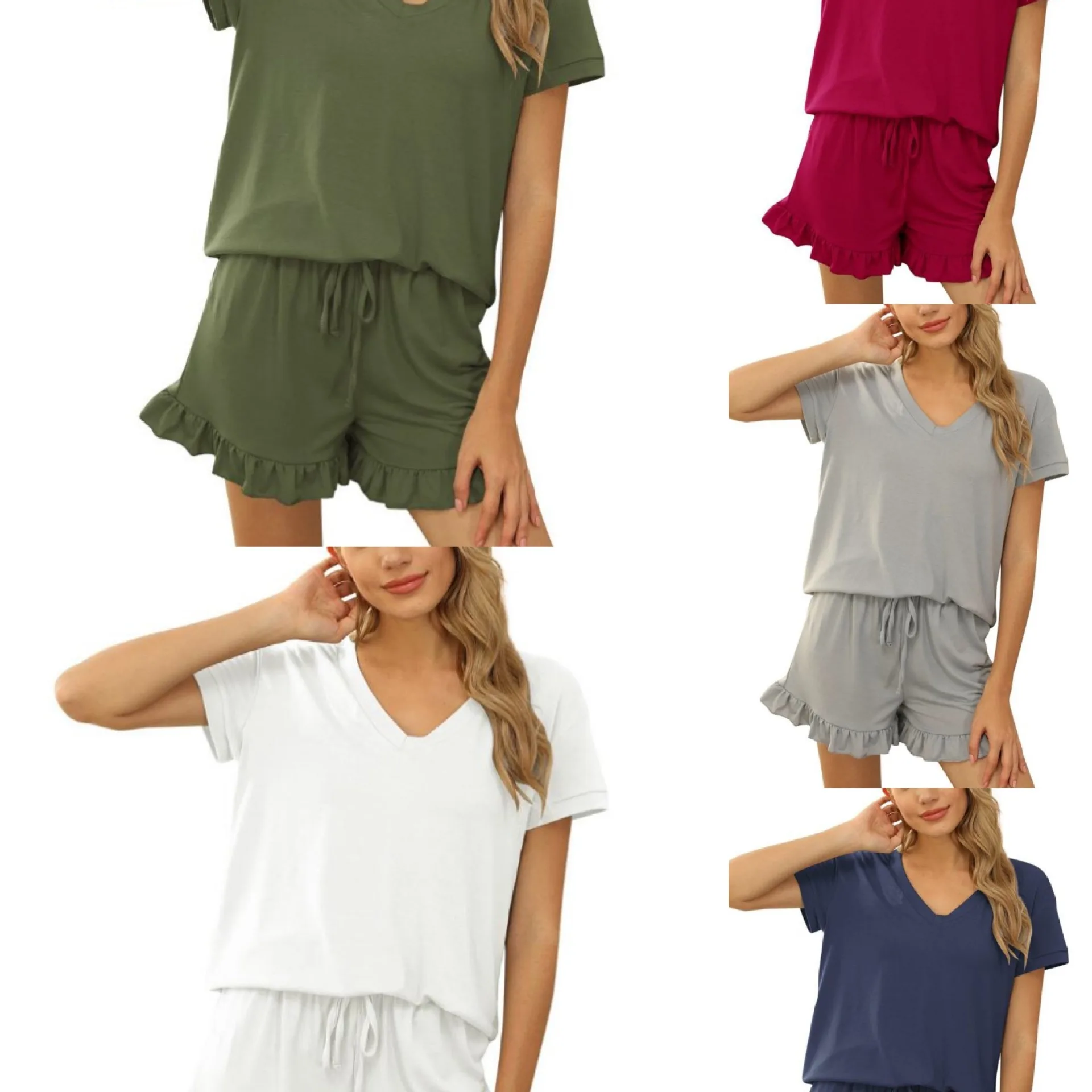 2023 Spring/summer New Women's Solid V-Neck Short Sleeve Shorts Sport Casual Home Two Piece Set
2023 Spring/summer New Women's Solid V-Neck Short Sleeve Shorts Sport Casual Home Two Piece Set