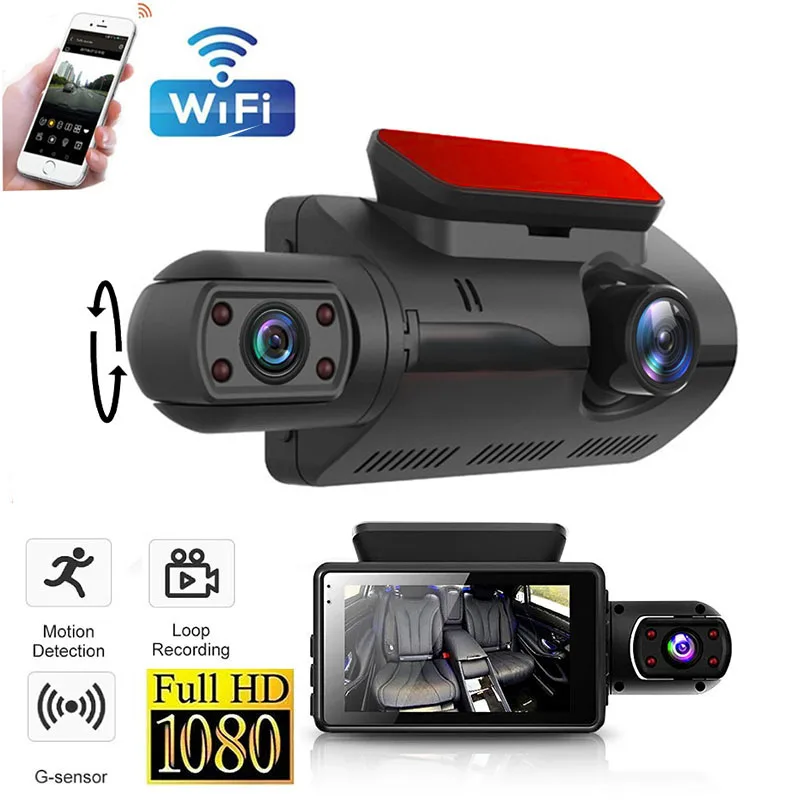 

Автомобильный видеорегистратор с двумя объективами, черный ящик, HD 1080P, Автомобильный видеорегистратор с Wi-Fi, ночным видением, акселерометром, циклической записью, видеорегистратор, автомобильная камера