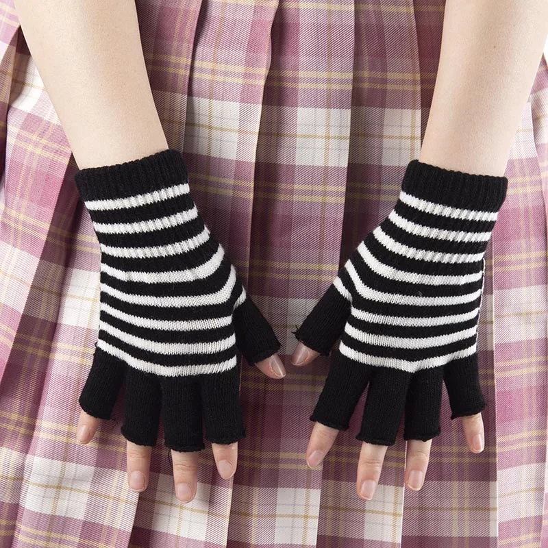 

1pair Women Men Stripe Fingerless Gloves Black Mitten Knitted Autumn Winter Touch Screen Het Half-Fingers Adult Warm Winter