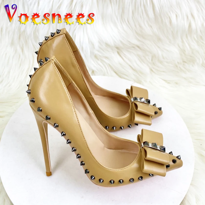

Brown With Bowknot Rivets Pumps 12CM Thin Heeled Shallow Mouth Women Shoes Night Club Plus Size Fashion Pointed Toe High Heels