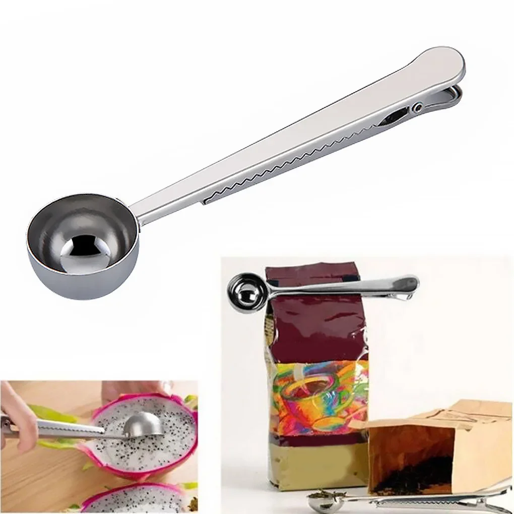 

Sale Hot 1PC 2 In 1 Long Handle Stainless Steel Coffee Spoon Sealing Clip Kitchen Tea Food Bag Sealer Scoop Clip Measuring Tool