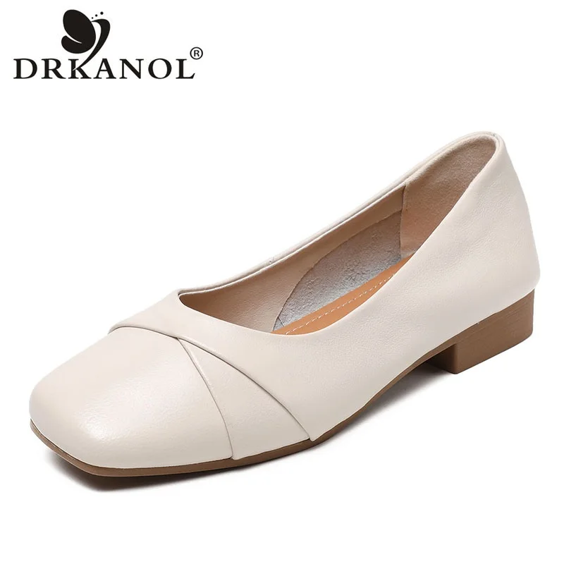 

DRKANOL 2024 Women Loafers Spring Shallow Slip On Flat Shoes Square Toe Genuine Cow Leather Soft Lightweight Ballet Flats Shoes