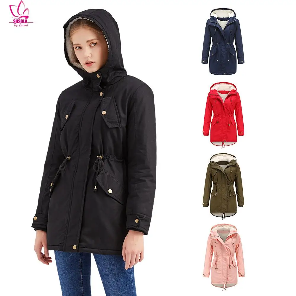 

SUSOLA Women's Solid Color Hooded Parka Coat Thick Cotton Jacket with Added Fleece Lining Winter Jackets 2024 Down Coats Parkas