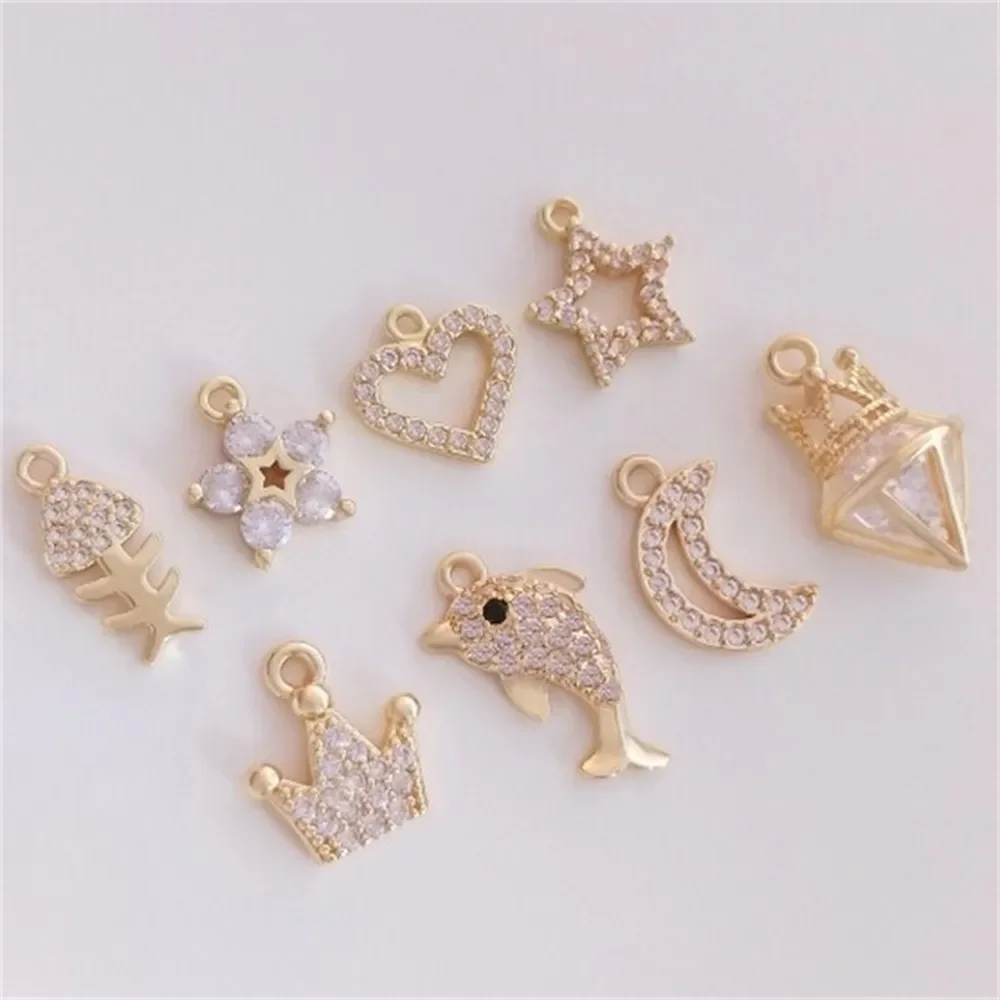 

14K Gold-filled Micro-inlaid Zircon Small Pendant Pentagram Moon Peach Heart Crown Dolphin Pendant DIY Jewelry Pendant K276