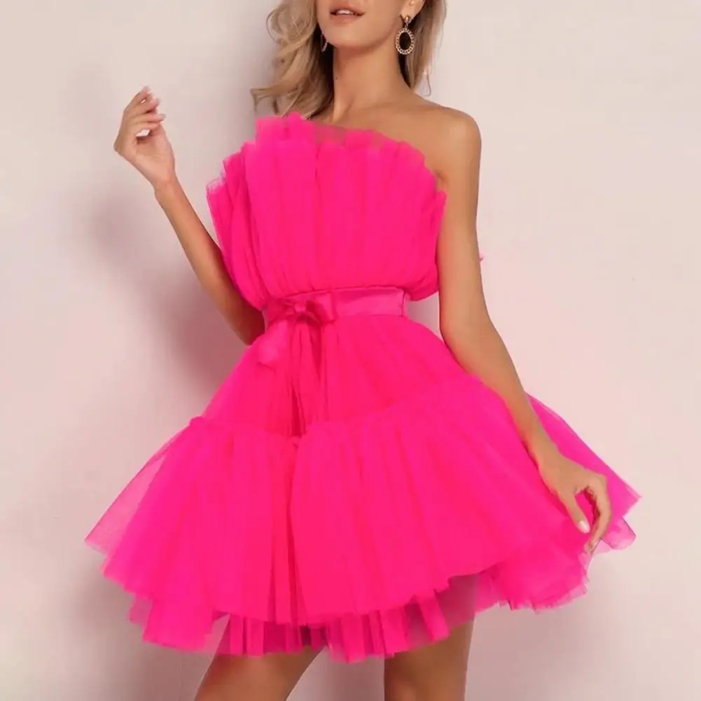

2023 New Mesh Solid Pink Ruched Halloween Dress Women Sashes Strapless Club Loose Dresses Backless High Waist Sexy Party Vestido