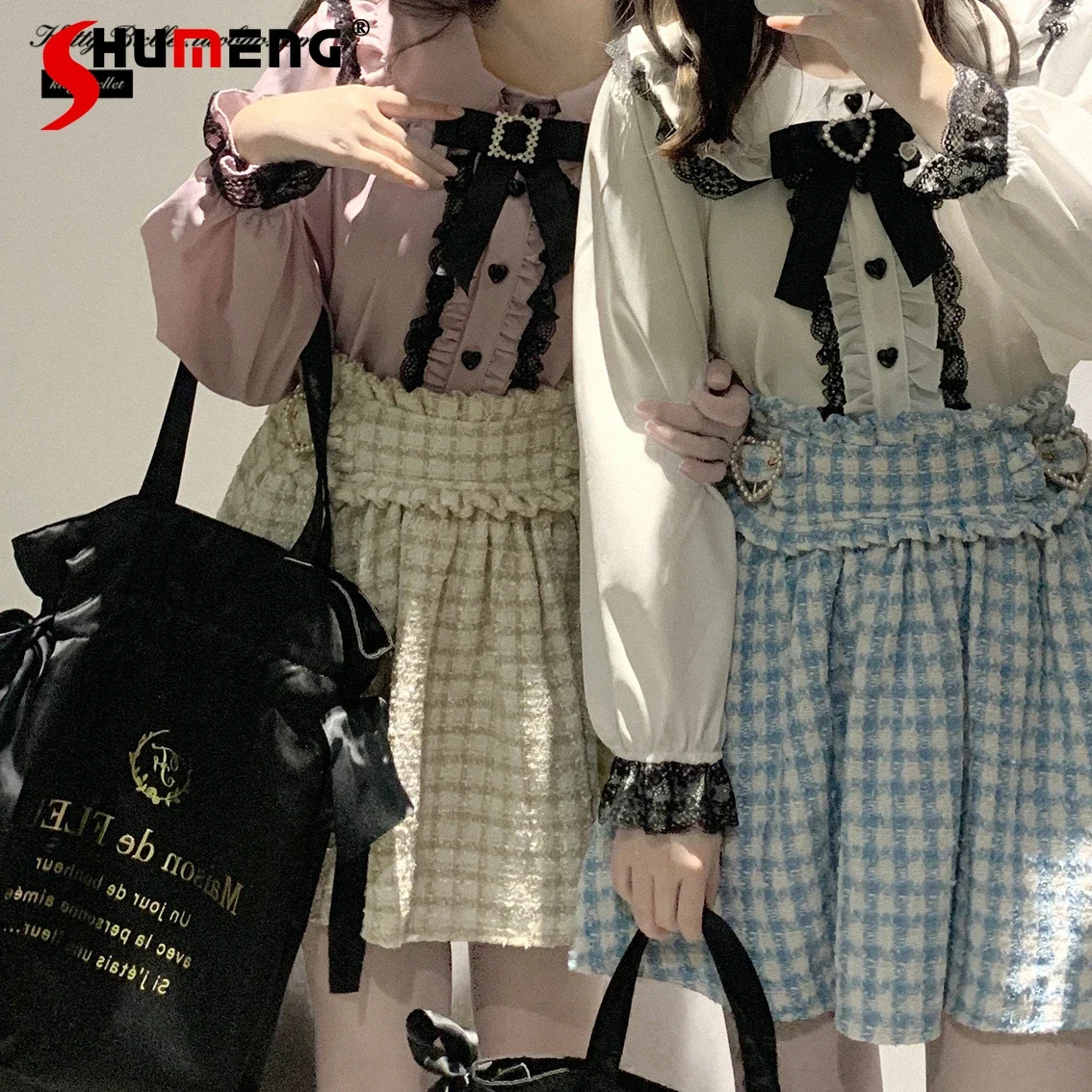 

Japanese Lolita Sweet Blouse Women Shirt Top Elegant Lace Doll Collar Love Bubble Long Sleeve Shirts 2023 Spring Summer Camisas