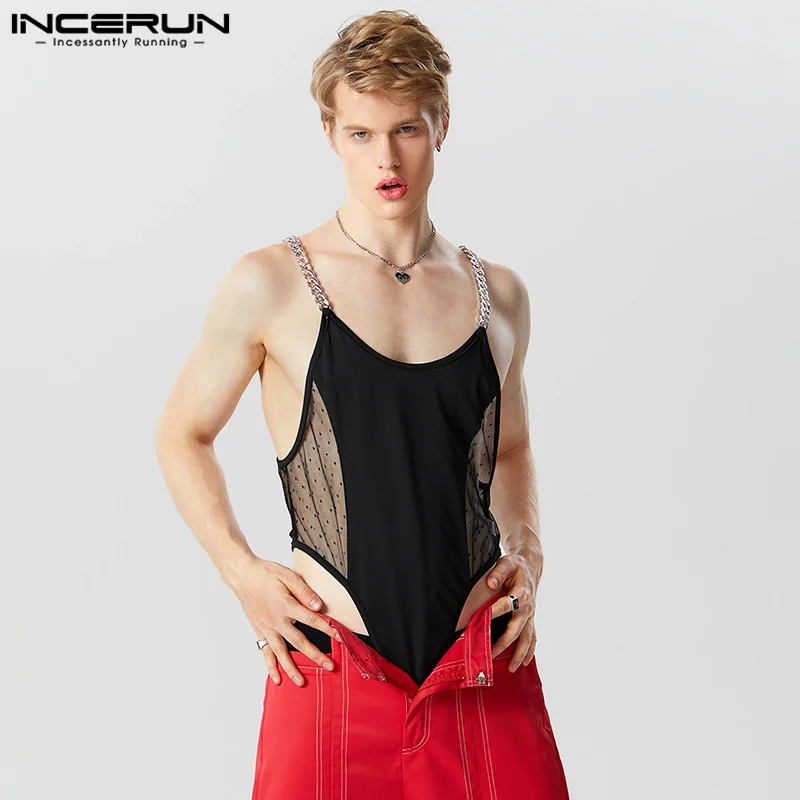 

INCERUN Mens Chain Shoulder Strap Design Mesh Polka Dot Bodysuit Fashion Spliced Triangle Bodysuit S-5XL Sexy Homewear Jumpsuits