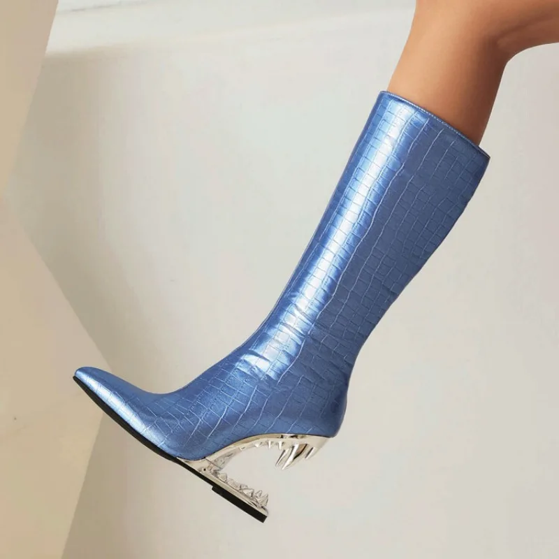 Tiger Teeth Heel Design Stone Pattern Knee High Boot Zipper Runway Metal Hollowed Out Tiger Tooth Shaped High Boots for Women
Tiger Teeth Heel Design Stone Pattern Knee High Boot Zipper Runway Metal Hollowed Out Tiger Tooth Shaped High Boots for Women