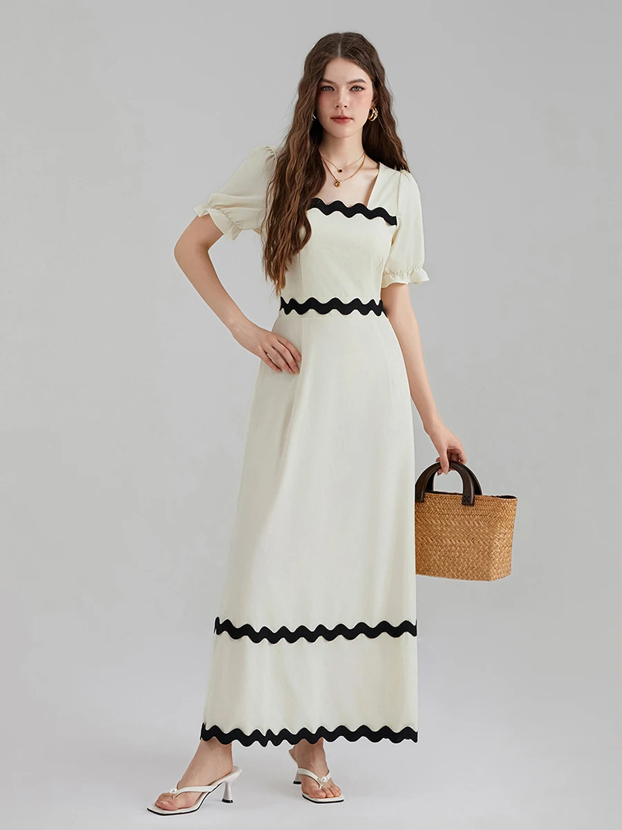 Womens Summer Dress Square Neck Short Puff Sleeve Casual Long Dress Ric Rac Tie Back Smocked A-Line Flowy Maxi Dress
Womens Summer Dress Square Neck Short Puff Sleeve Casual Long Dress Ric Rac Tie Back Smocked A-Line Flowy Maxi Dress
