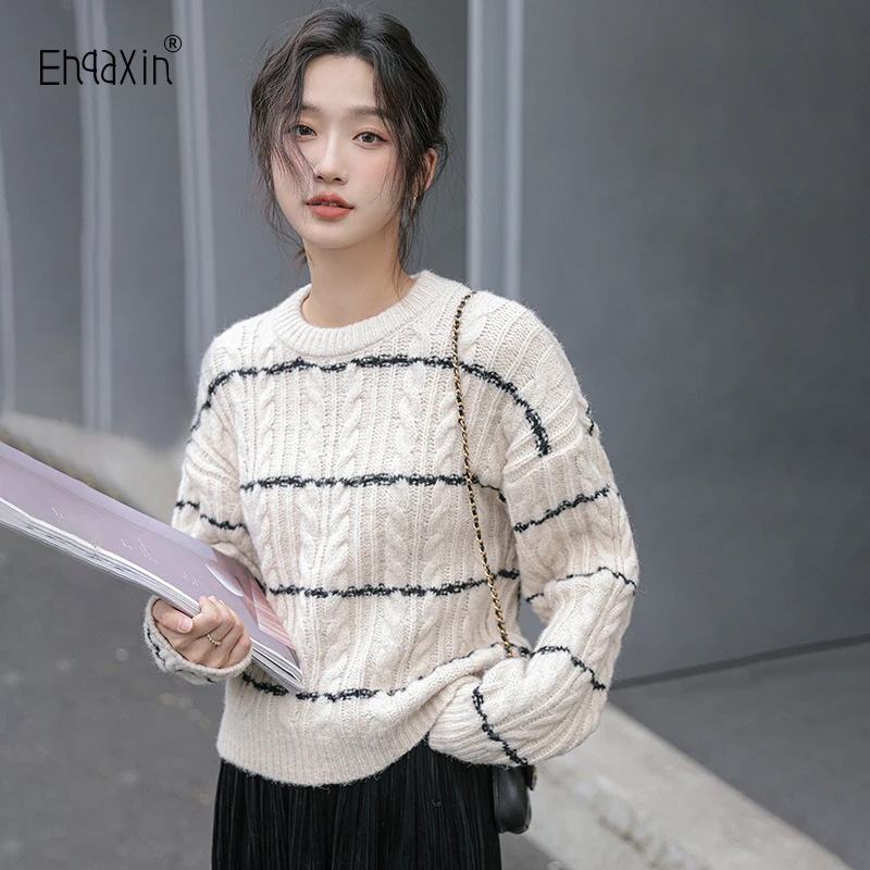 

EHQAXIN 2022 Winter Women's New Sweater Fashion Casual Retro Contrast Stripe Thickened Knitted Loose Sweater Ladies One Size