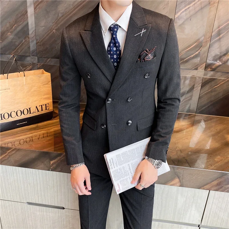 

Casual Tuxedos For Wedding Mens Business Suit Men's 3 pieces (Blazer+Pant+ Vest) Slim Groom Trendy British Double-breasted Suits