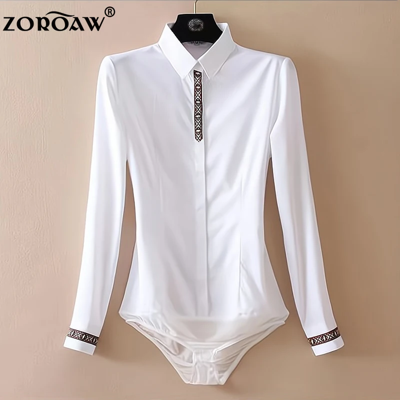 

Elegant Chiffon Bodysuits for Office Lady Work, Slim Fit Long Sleeve Blouse with Spliced Cuffs Blouses Women's Formal Tops