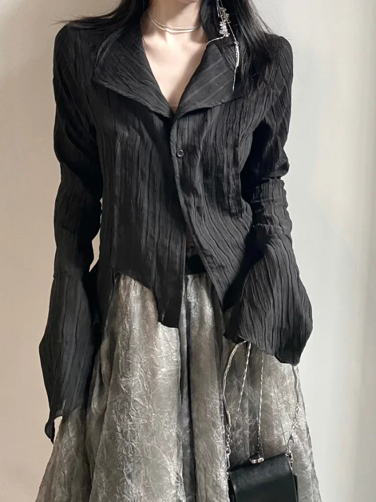 

2023 New Y2k Blouse Women Vintage Black Shirt Gothic Harjauku Pleated Button Up Korean Dark Tight Long Sleeve Aesthetic Female