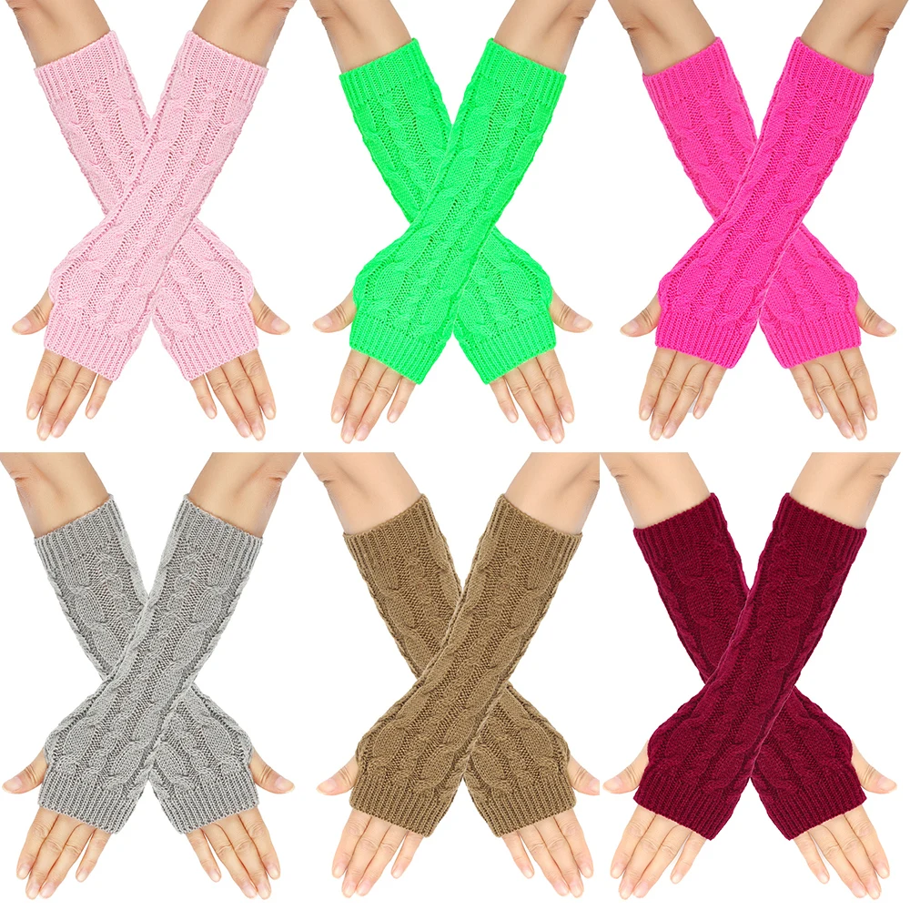 

Long Fingerless Gloves Winter Warm Wool Knitting Arm Gloves Twist Crochet Half Finger Gloves Girls Punk Gothic Knitted Mittens