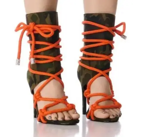

Orange Ropes Camouflage Cloth Cross Tied Hollow Thin Heels Zipper Back Summer Sandals Boots Women Knot Lace Up Cover Heel Shoes