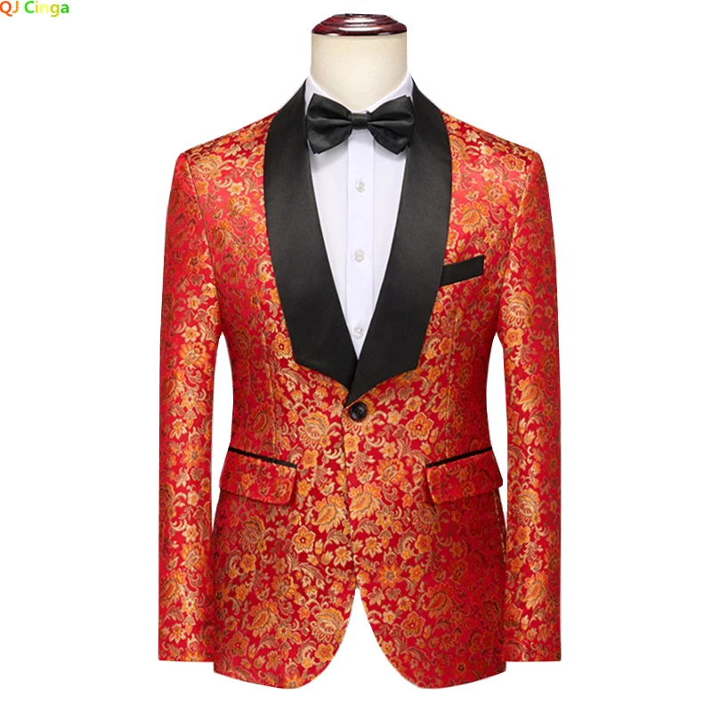 

Red Background Color Gold Printed Suit Jacket Men Fashion Slim Dress Coat A Variety of Embroidery Patterns To Choose From Blazer