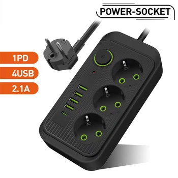 EU 플러그 전원 멀티탭 연장 케이블, 3AC 콘센트 전기 소켓, 4 USB 1 C 타입 네트워크 필터, 고속 충전, 2m