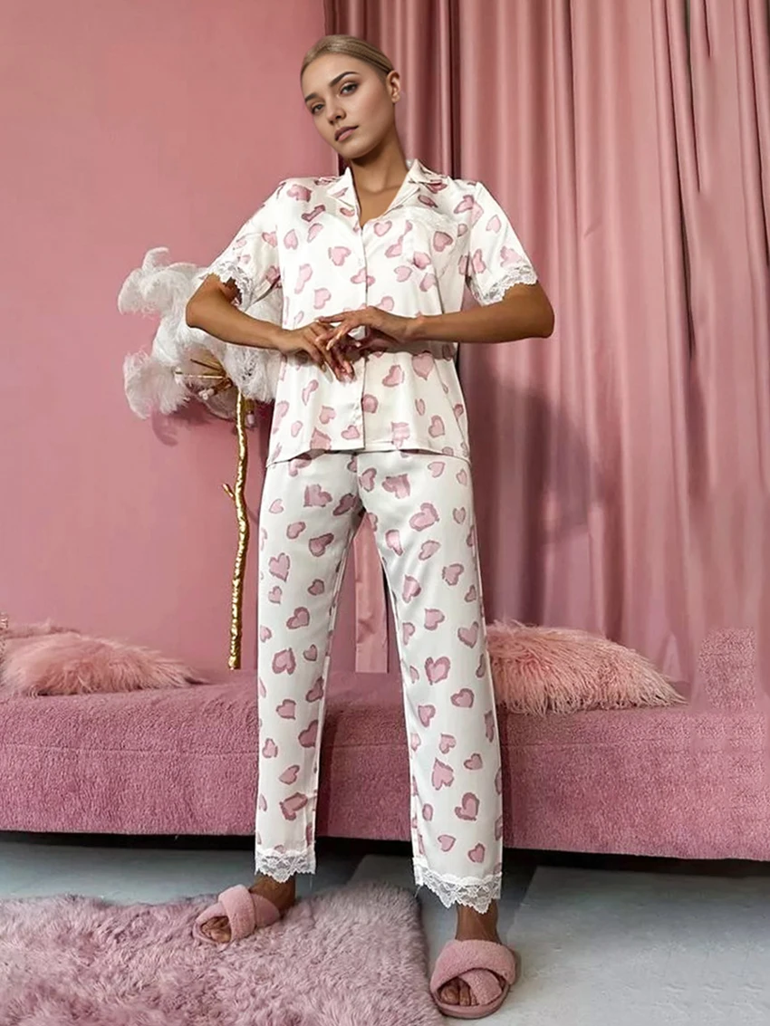 

Marthaqiqi Lace Ladies Pajama Suit Sexy Turn-Down Collar Sleepwear Short Sleeve Nightgown Pants Casual Women Nightie 2 Piece Set
