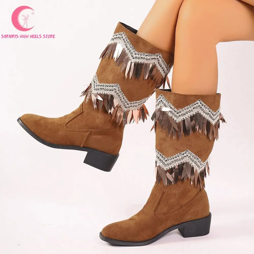 

Cowgirl Women Western Boots Fringe Pointed Toe Chunky Block Heel Flock Female Shoes Casual Comfy Mid Calf Ridding Boots Ladies