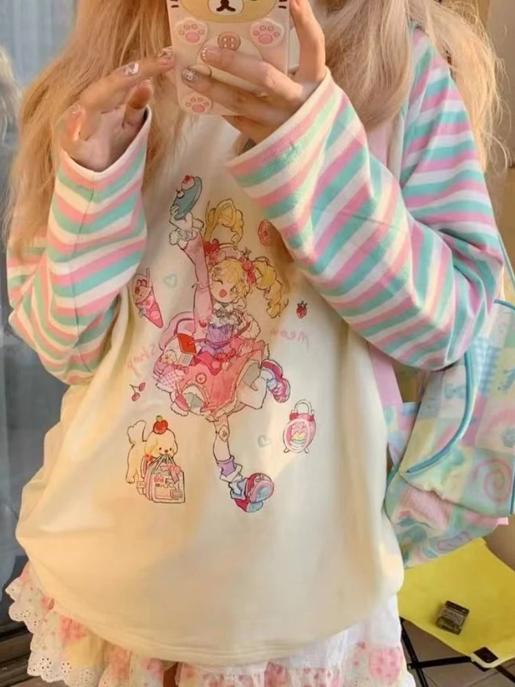 HOUZHOU Kawaii Милая Лоскутная футболка женская японская мода Y2k Harajuku полосатый мультяшный принт с длинным рукавом Свободные футболки топы
HOUZHOU Kawaii Милая Лоскутная футболка женская японская мода Y2k Harajuku полосатый мультяшный принт с длинным рукавом Свободные футболки топы