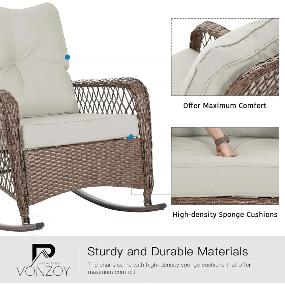 Patio Furniture Set 3 Pieces, Rocking Bistro Set with Thick Cushions, Brown Wicker Outdoor Rocker Chairs and Coffee Table for Po Patio Furniture Set 3 Pieces, Rocking Bistro Set with Thick Cushions, Brown Wicker Outdoor Rocker Chairs and Coffee Table for Po