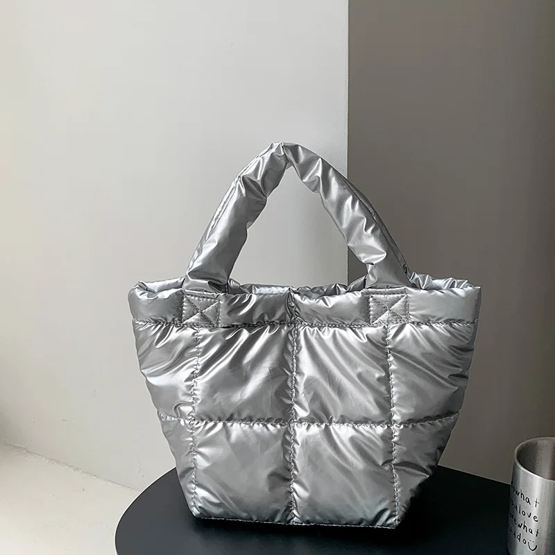 

Designer Puffy Shoulder Tote Bag for Women 2023 Quilted Space Cotton Padded Large Capacity Handbag Winter Shopper Top Handle Bag