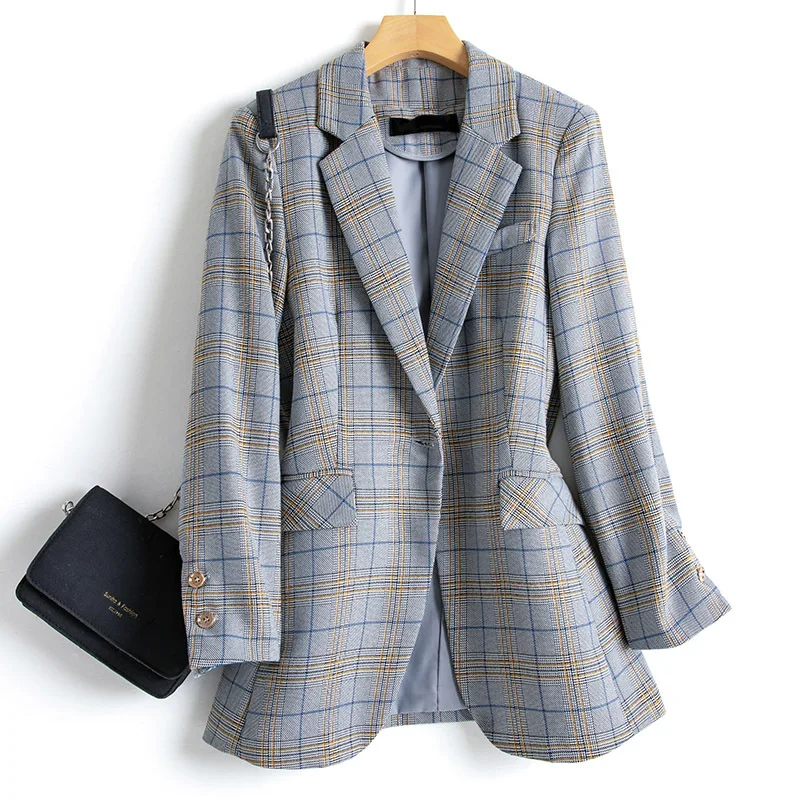 Women Plaid Blazer Coat Fashion Korean Lapel Collar One Button Femme Long Sleeve Flap Pockets Outerwear Chic Tops Female Suits
Women Plaid Blazer Coat Fashion Korean Lapel Collar One Button Femme Long Sleeve Flap Pockets Outerwear Chic Tops Female Suits