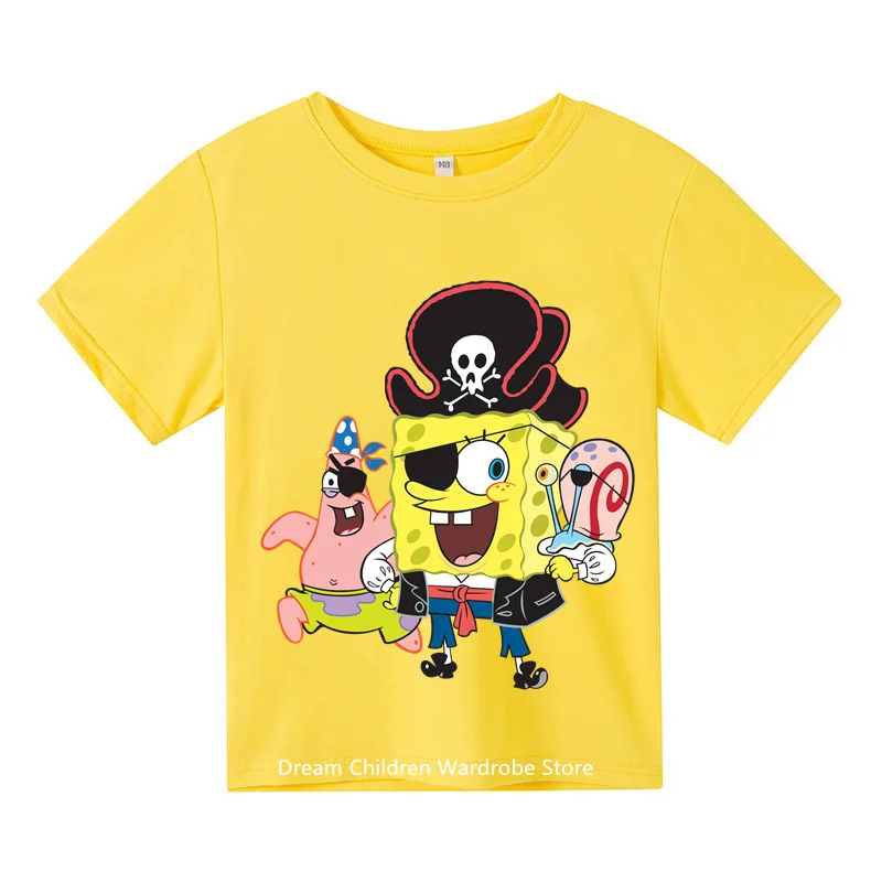 

2024 Kids Fashion Summer Cotton T-shirt Cartoon SpongeBob Squarepants Kids Short sleeve Sweatshirt boys girls top