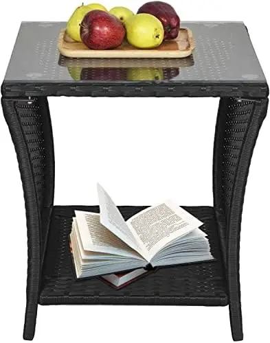 Wicker Side Table, All Weather Resistant Side Tables, Porch Square Side Coffee Table with Glass Top, Storage, Black, Steel Fram
Wicker Side Table, All Weather Resistant Side Tables, Porch Square Side Coffee Table with Glass Top, Storage, Black, Steel Fram