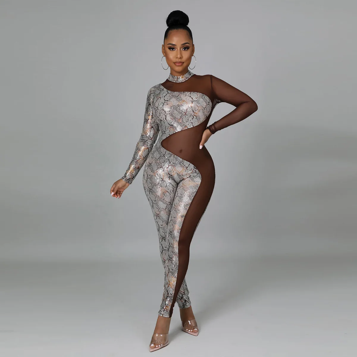 

2024 Spring/Summer Women’s Jumpsuits Long Sleeve Sequined Serpentine O-Neck Mesh Sexy Night Club Rompers Outfits
